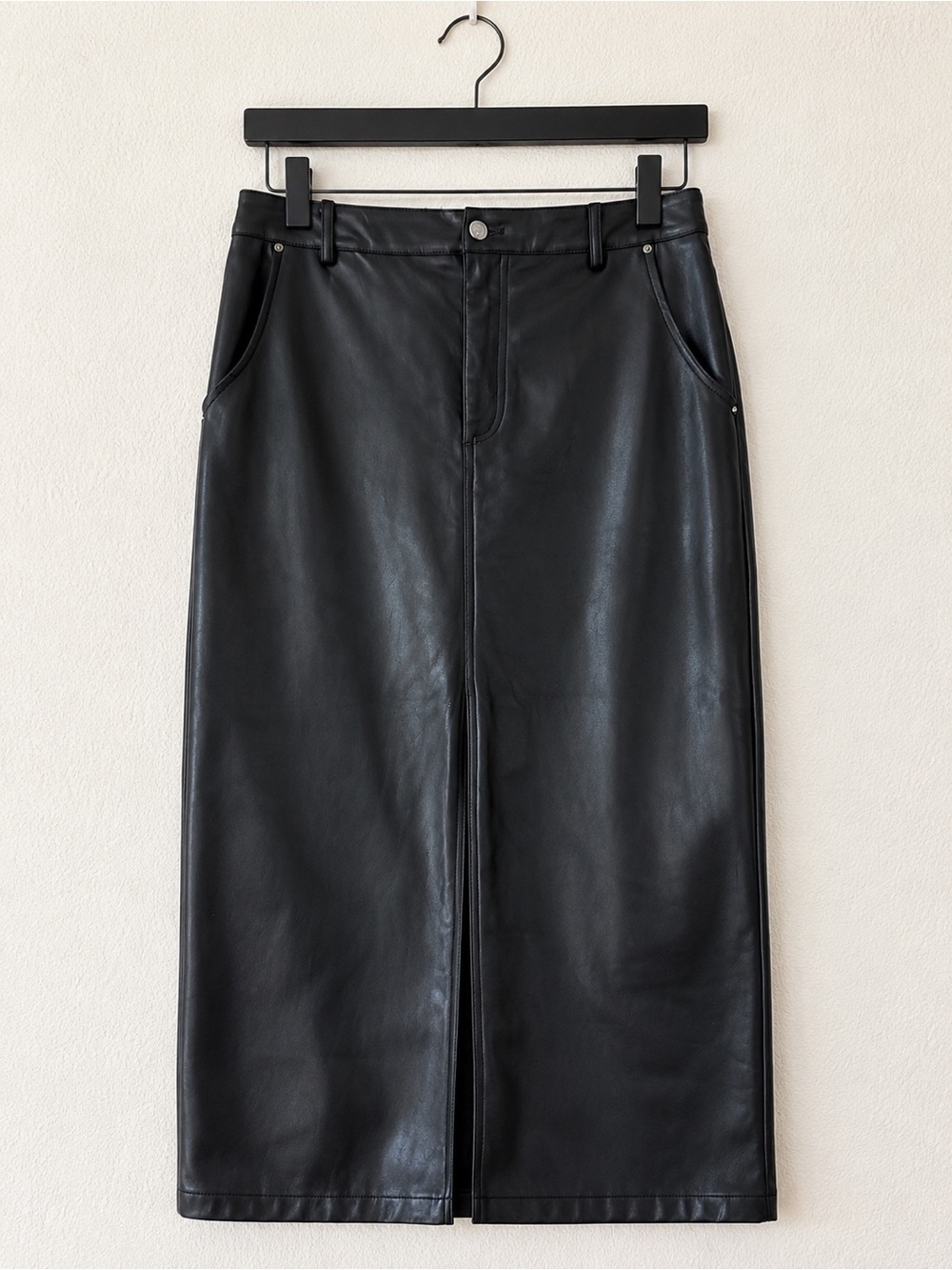 Avec Les Filles Black Faux Leather Midi Pencil Skirt Size L Vegan Leather